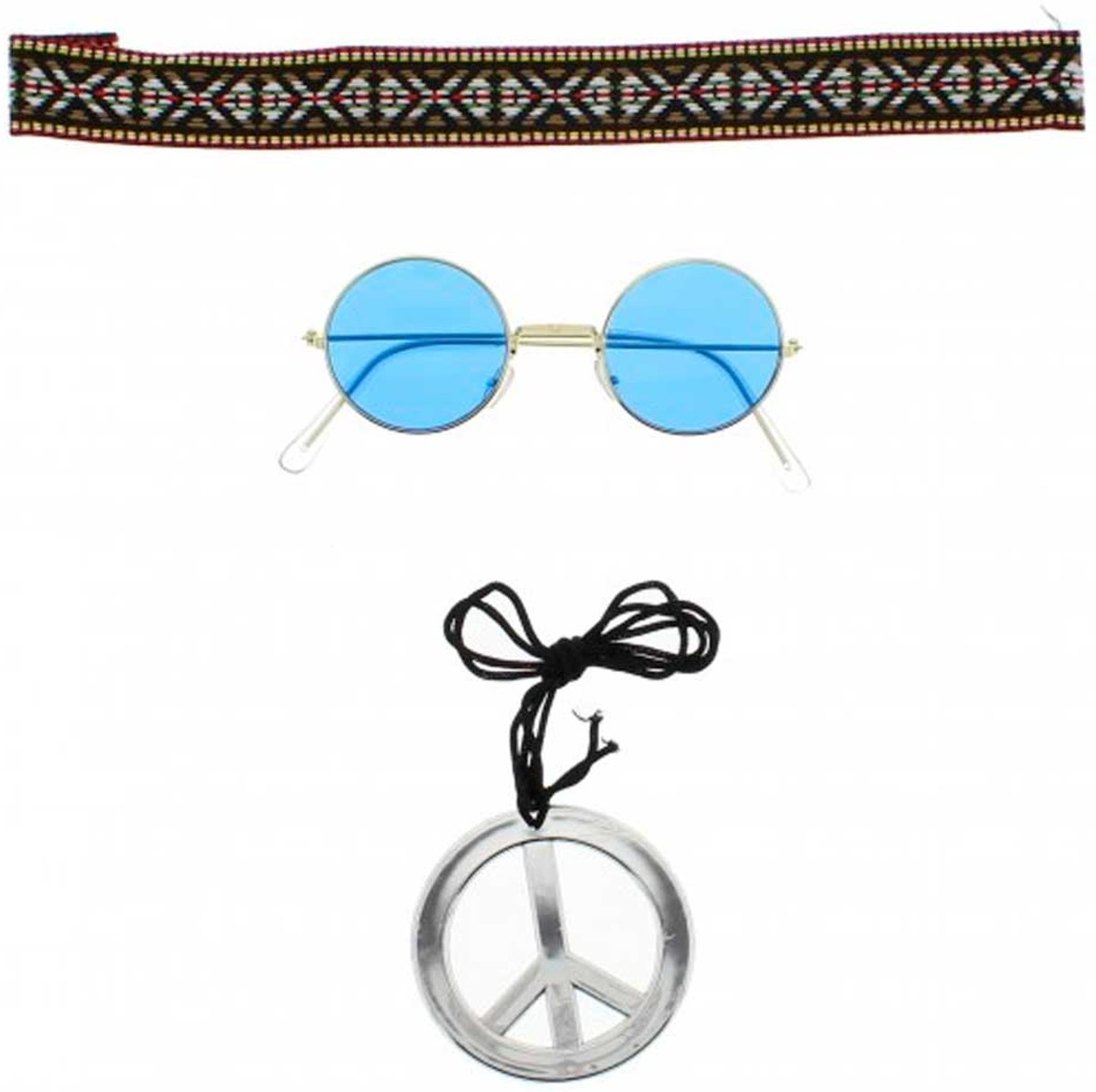 Hippie set hoofdband, blauwe bril en peace ketting multicolours  - Hippie, Carnaval - Zacs Alter Ego